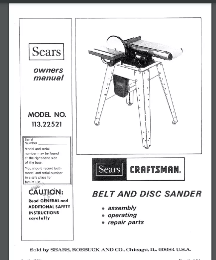 Craftsman 6 INCH Belt and Disc Sander 113.22520 Operation Parts Manual 20 PGS