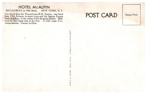 Vintage Hotel McAlpin , New York City Postcard. Unposted.BPC - Picture 2 of 2