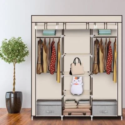 FCH Triple Fabric Canvas Wardrobe Hanging Rail Shelving Clothes Storage Cupboard