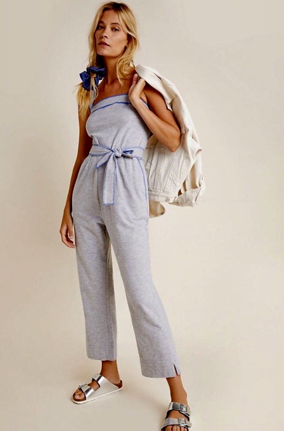 Anthropologie Jumpsuit Madeline Contrast Trim Heather Blue Removable Belt XL NEW-image