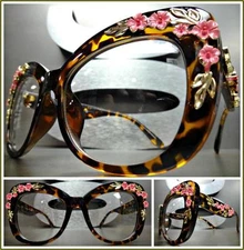 OVERSIZED RETRO Style Clear Lens EYE GLASSES Tortoise Frame Gold & Pink Floral