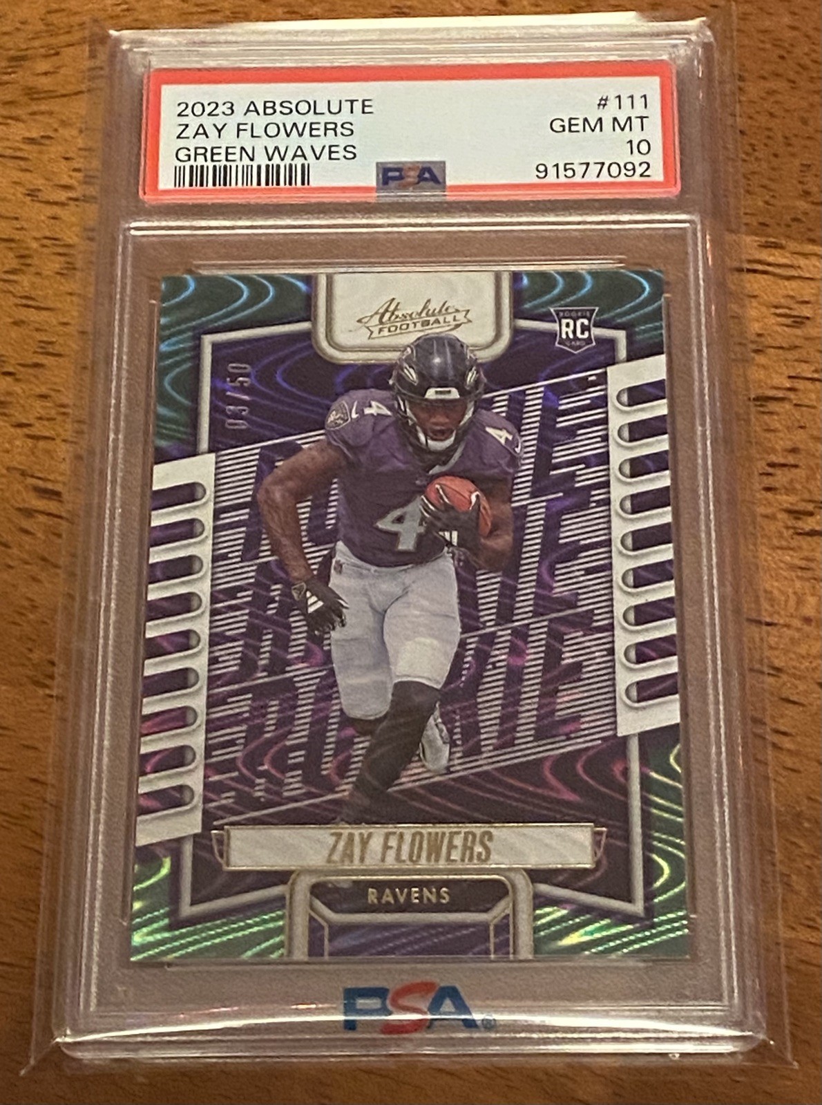 2023 ABSOLUTE ZAY FLOWERS ROOKIE GREEN WAVES /50 SSP RAVENS #111 RC PSA 10 POP 4