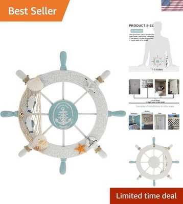 Hand-Painted Nautical Wooden Ship Steering Wheel Wall Art - 11'' Diameter