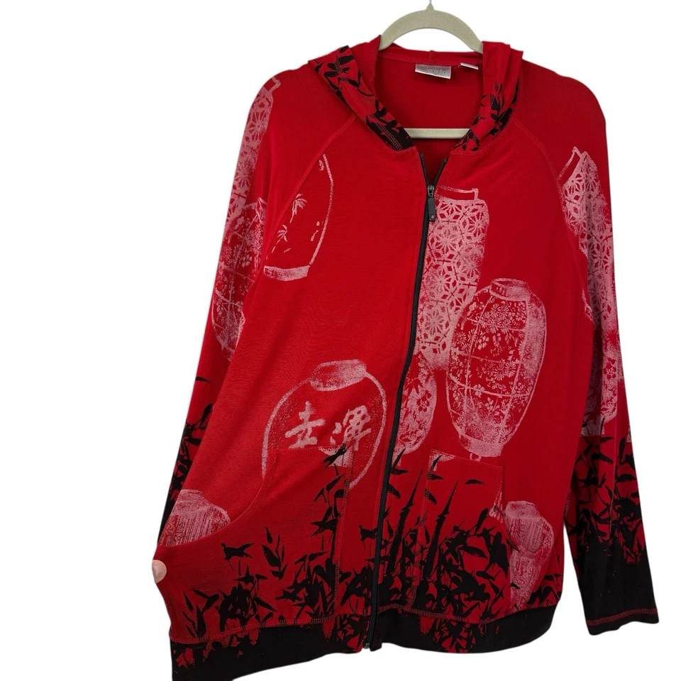 Chicos 3 Asian Print Hooded Jacket XL Red Black Slinky knit Art to Wear 90s Vtg - Image 2 of 4