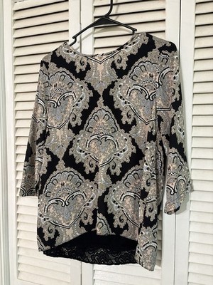 Wallis Women's Black Beige Paisley V-Neck 3/4 Sleeve Lace Blouse US 8