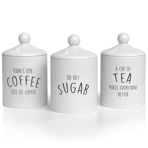Ceramic Kitchen Canister Set – Decorative Farmhouse Coffee, Tea, Sugar Contai...