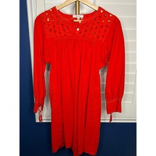 Madewell Eyelet Daybreak Dress Womens Medium Red Orange Linen Blend Shift Tassel