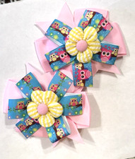 Beautiful Owl Family with yellow flower inspired set of pigtail bows for girls..