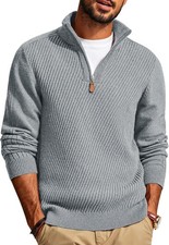 Mens Quarter Zip Pullover Sweater Casual Slim Fit Knit Texture Lightweight Warm