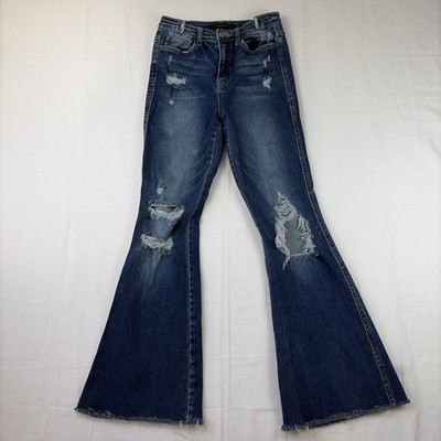 Flying Monkey Jeans Womens 25 Flare High Rise Denim Hippie Distressed Raw Hem
