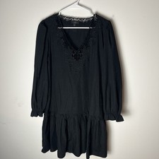 J. Crew Sz M Black V-Neck Tiered Peasant Mini Dress with Eyelet Trim 200