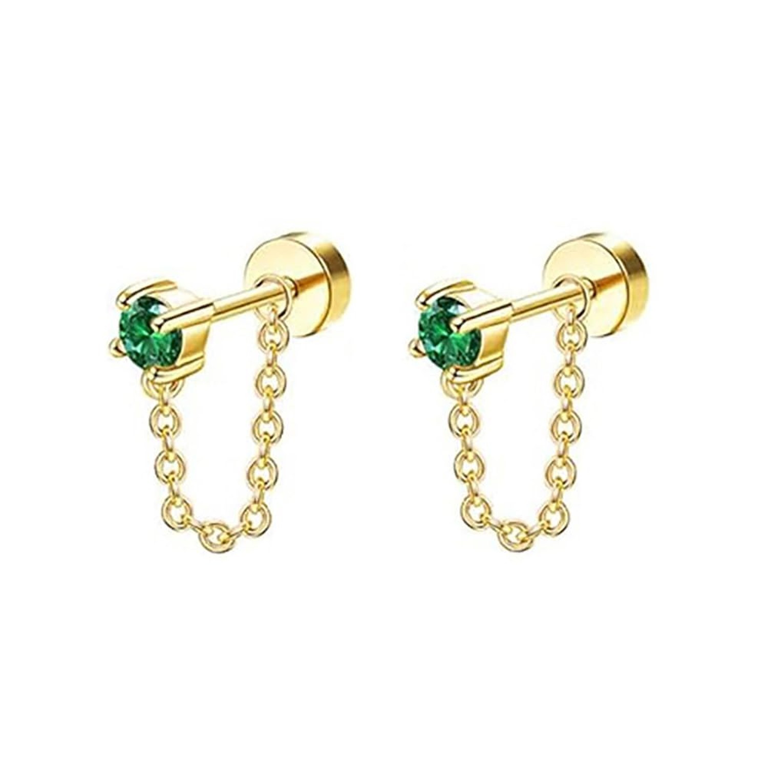 20G Emerald CZ Chain Dangle Cartilage Stud Earrings for Women Stainless Steel...
