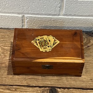 Vintage Wooden Poker Chip Set with Storage Box, Playing Card Motif