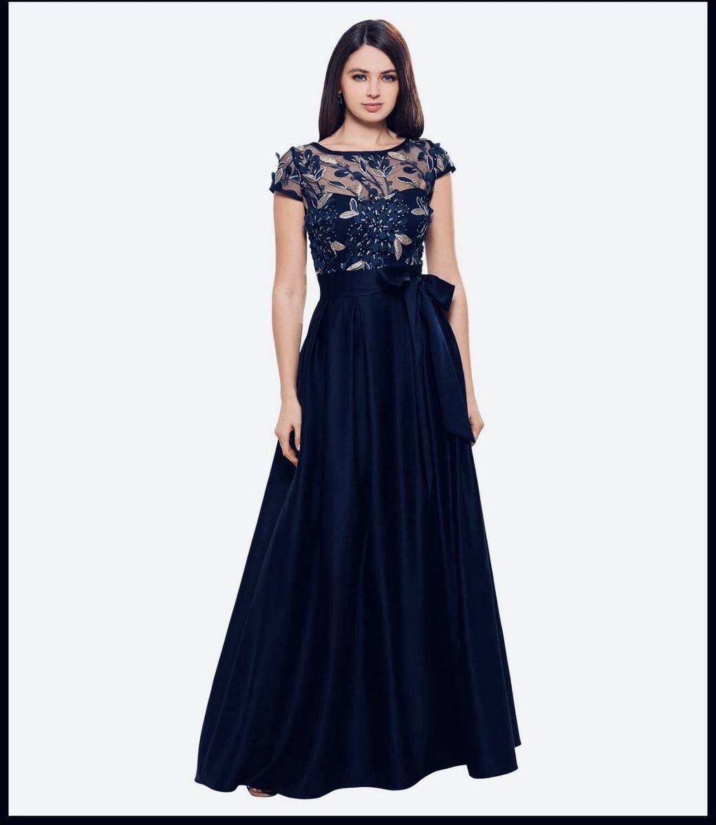 Xscape Blue With Gold Embroidered Cap Sleeve Ballgown Skirt Original Price $258 Xscape Blue With Gold Embroidered Cap Sleeve Ballgown Skirt Original Price $258
