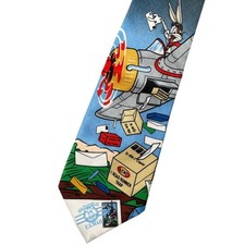 Looney Tunes Neck Tie Bugs Bunny Airplane USPS Stamp Collection Vintage 90's