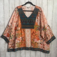 New John Mark Embroidered V-Neck 3/4 Sleeve Tunic Boho Western Top 2X Bird Print