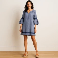 Crown & Ivy Linen Chambray Dress XL Blue Bell Sleeve Crochet Trim Tunic Boho EUC