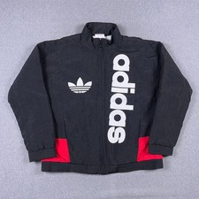 VTG Adidas Track Jacket Mens Medium Black Red Trefoil Team Spellout Full Zip 90s