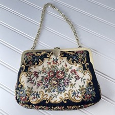 Vtg 1950s Floral Tapestry Evening Purse Kiss Lock Chain Bag -Needlepoint Handbag