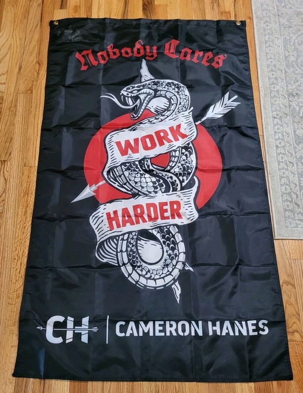 Large Rare Cloth CAMERON HANES "Nobody Cares, Work Harder" Archery Banner 6' X 3