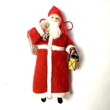 Vintage Clay Face And Felt Santa Figurine With Lantern Sack Of Toys Hand Paint