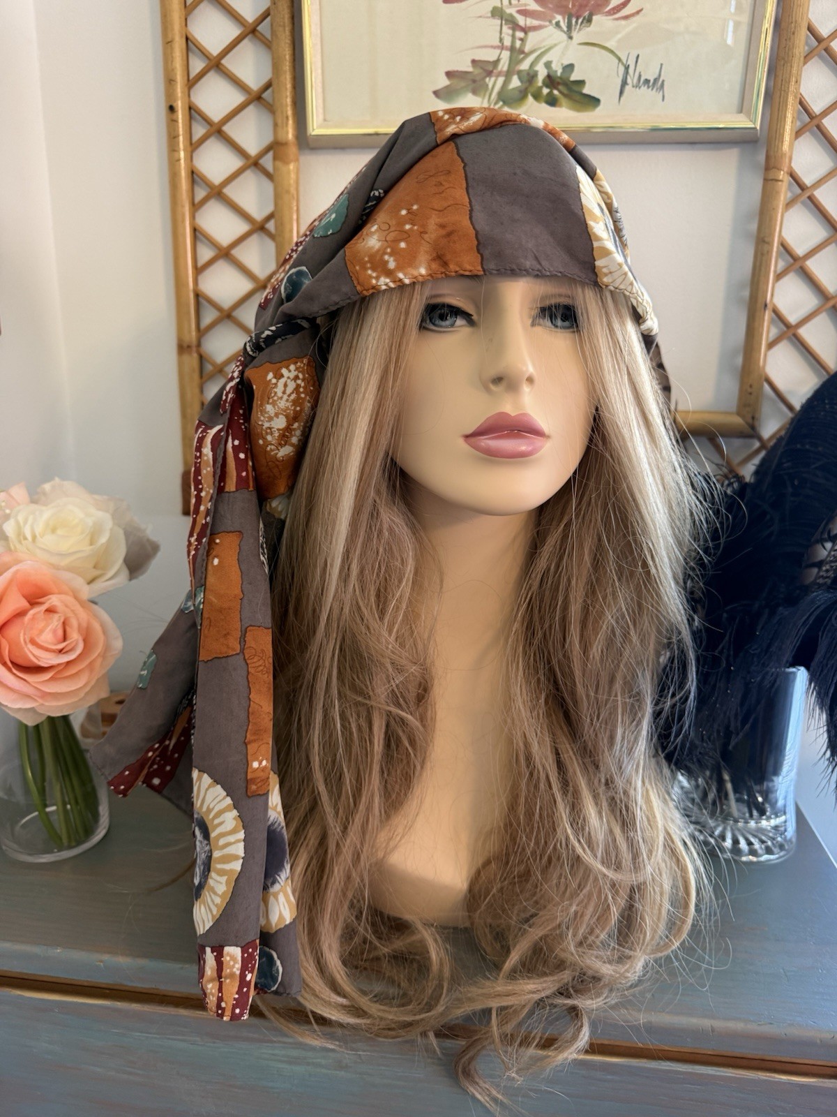 Vintage Silky Scarf Rectangular Brown Orange Teal… - image 5