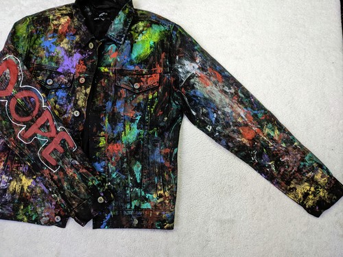 Acrylic Graffiti Splatter Mens M Black Jean Jacket Vtg 90s Hip Hop Smoke Free - Picture 3 of 10