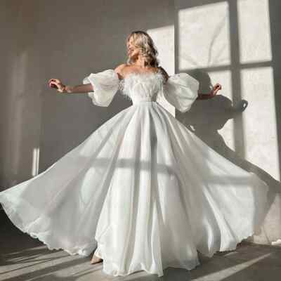 Elegant A-Line Wedding Dress Off Shoulder Puff Sleeves with Feather Bridal  Gowns