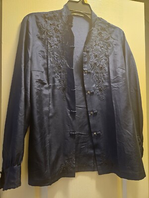 Vintage Retro  Boho Blue Pure Silk Floral Blouse Woman Light Lace Buttons 
