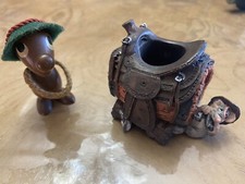 Vintage Little Wooden Man Figurine & Saddle Horse Candle Holder