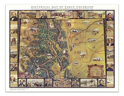 Map of Early Colorado   1940s Vintage Poster w/ Pioneer Trails, Forts, Events