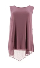 H by Halston Sleeveless Knit Top w/Chiffon Detail-Plum Rose-Small-New- A277932