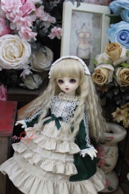 Lolita Retro Court Dress+Headwear Dark Green for Blythe 1/6 1/4 1/3 BJD Doll B&G