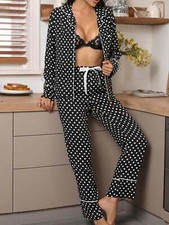Women's Polka Dot Long Sleeve Pajama Set With Button Up Top And Drawstring Pants