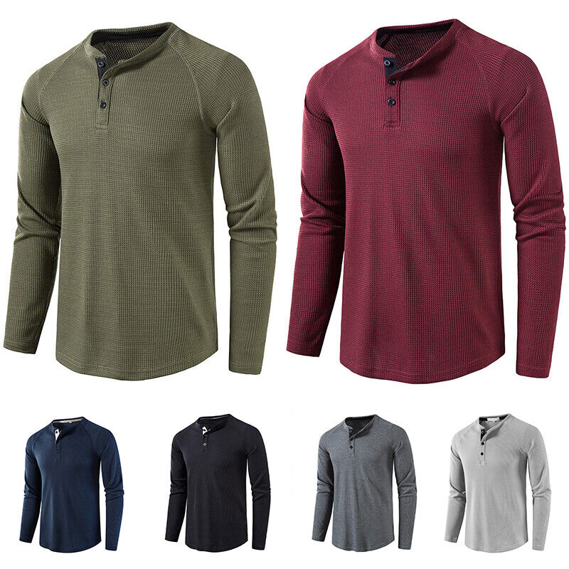 Men's Long Sleeve Waffle Knit Thermal T-shirt 3 Button Crew Neck 