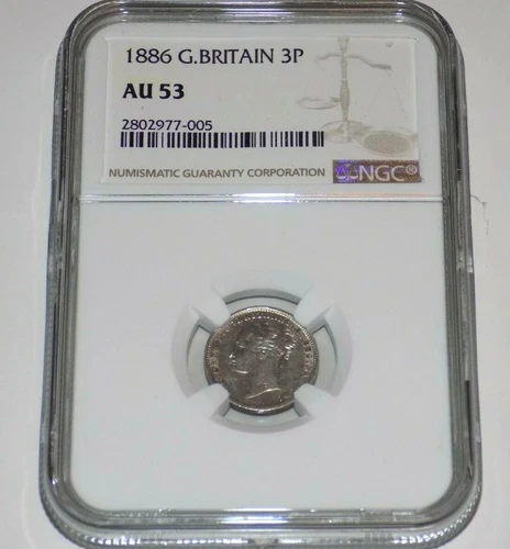 GREAT BRITAIN 1886 3P 3 Pence NGC AU53 AU 53 England Three Pence Certified Coin 