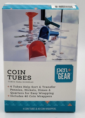 Pen Gear Coin Tubes 4 Tubes to Sort Coins & 40 Coin Wrappers - New