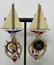 Vintage Signed Lunch at the Ritz Nautical Sail Boat Sparkly Dangle Clip Earrings