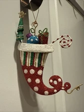 Pier 1 One VTG STOCKING Ornament ELF HAT UPSIDE DOWN Tree Candy Gift Glitter EUC