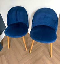 Set of 2 Blue Upholstered Dining Chairs, Contemporary, Light Wood Legs