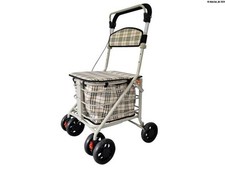 Folding Shopping Trolley/Rollator with Seat & Back Rest in Brown Check