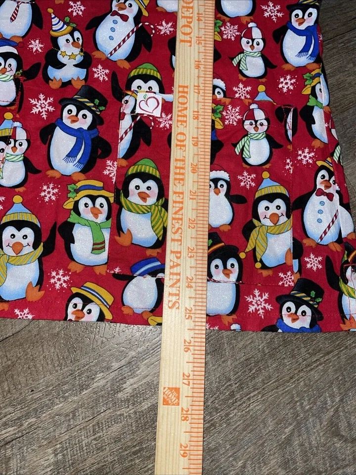 Peaches Uniforms Women’s Scrub Top Penguins Glittery Red White Sz Small - Image 4 of 4