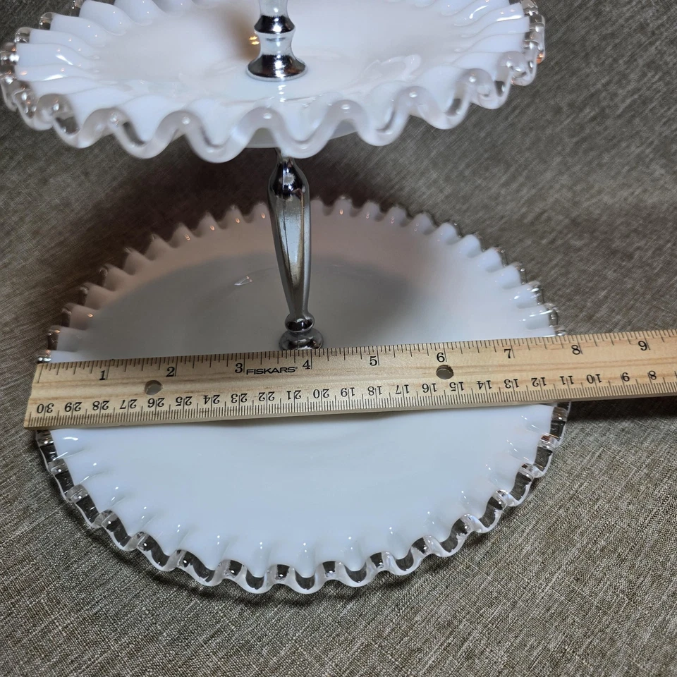 Vintage Milk Glass Ruffled Silver Edge 2-Tier Serving Tray Stand & Plate - Image 4 of 4