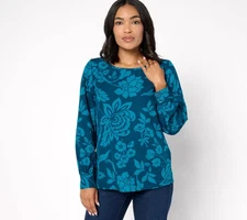 Denim & Co. Scoop Neck Blouson Sleeve Printed Top Fall Teal L New