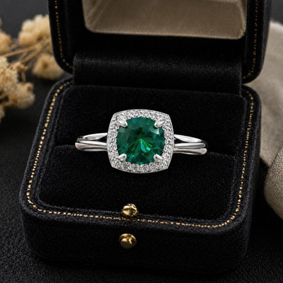 Emerald Cut Green Gemstone Ring with Halo Diamond Accent, 925 Sterling Silver Ri