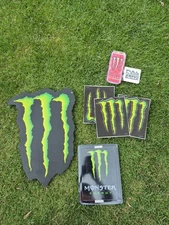3 Different Monster Energy Drink Advertising Signs And 3 Stickers Lot New!! 