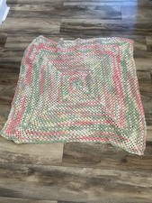 Handmade Knitted Baby Blanket, Soft Pinks And Green. 36x36 Inches