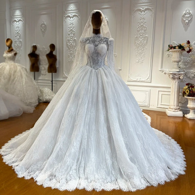 Wedding Dreses High Neck Off White Lace Buttons Back Bride Gowns Customizable