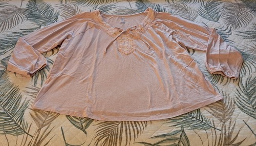 St. John's Bay Women Plus 2X Pale Pink Front Tie Crochet Lace Top Elastic Sleeve