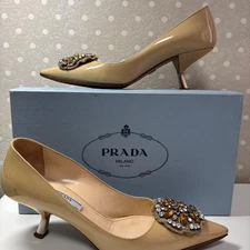 Prada Pointed Toe Pumps EU Size 38 Beige Patent Leather Bijou Rhinestones